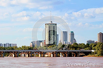 Downtown Tulsa skyline from the Arkansas River Stock Photo