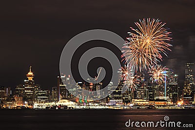 Downtown Vancouver with Canada Day fireworks Stock Photo