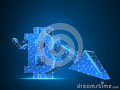 Downtrend arrow Bitcoin chart 3d. Vector polygonal neon cryptocurrency Low poly business, crisis, cash, finance concept Vector Illustration