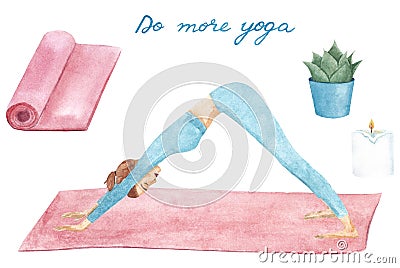 Downward facing dog yoga pose asana Adho mukha svanasana. Watercolor hand drawn set with woman doing yoga or pilates exercise Stock Photo