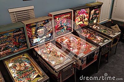 Downward view of vintage 70s-90s pinball machines Editorial Stock Photo