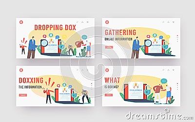 Doxing, Dropping Dox Landing Page Template Set. Hacker Character Gathering Individuals Data and Making It Public Vector Illustration