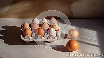 A dozen eggs rest in a cardboard with top view Stock Photo