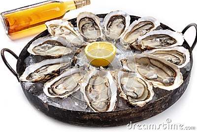 A dozen of oysters with wine and lemon Stock Photo