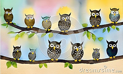 A dozen realistic Chibi night owls standing in next to each other, each owl has feathers with a specific color of the pattern, AI Stock Photo