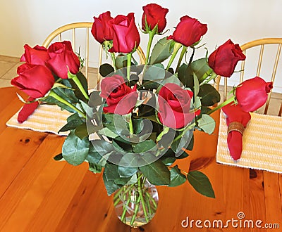 A Dozen Red Roses in a Crystal Vase Stock Photo