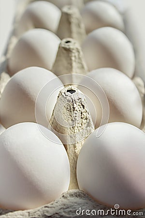 Dozen white eggs in a cardboard box, close up Stock Photo