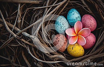 dozens of colored eggs nestled with a flower Stock Photo