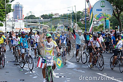 Dozens of cyclists are seen at the start of the tour through the streets of the city of Salvador Editorial Stock Photo