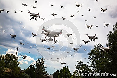 Dozens of Drones Swarm in the Ominous Sky. Stock Photo