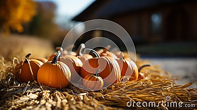 Pile of orange fall and Halloween pumpkins and hay decorating the country barn scene - generative AI Stock Photo