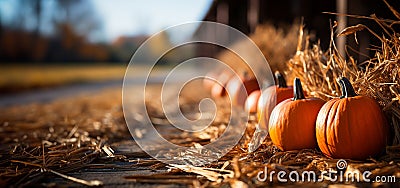 Fall Halloween pumpkins and hay decorating the country barn scene - generative AI Stock Photo