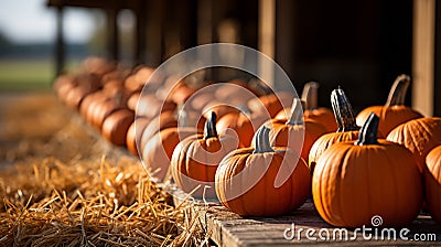 Display of orange ripe fall and Halloween pumpkins and hay decorating the country barn scene - generative AI Stock Photo