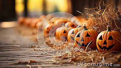 Dozens of Halloween jack-o-lantern pumpkins and hay decorating the country barn scene - generative AI Stock Photo