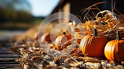 Several fall and Halloween pumpkins and hay decorating the country barn scene - generative AI Stock Photo