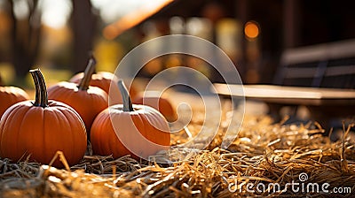 Fall and Halloween pumpkins and hay decorating the country barn scene - generative AI Stock Photo