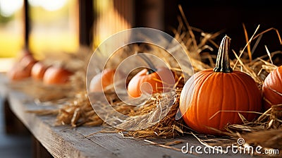 Dozens of fall and Halloween pumpkins and hay decorating the country barn scene - generative AI Stock Photo