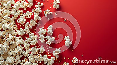 Popcorn spilled out onto a red background. Created using ai generative. Stock Photo