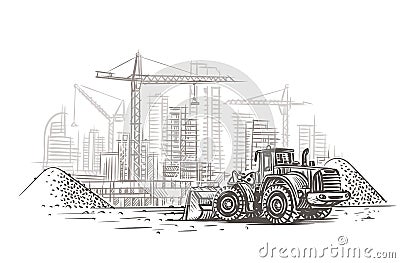 Dozer on construction site sketch. Vector. Layered. Vector Illustration