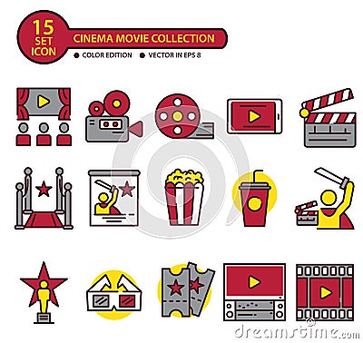 15 set cinema movie icon collection Vector Illustration