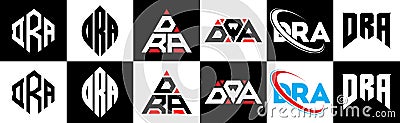 DRA letter logo design in six style. DRA polygon, circle, triangle, hexagon, flat and simple style with black and white color Vector Illustration