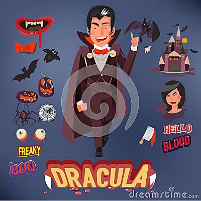 Dracula with icons set. character design and infographic - vector Cartoon Illustration