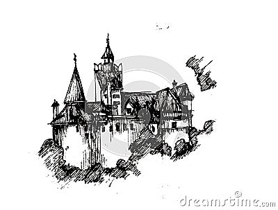 Dracula vampire dark Bran Castle on the hill vector hand drawn illustration Vector Illustration