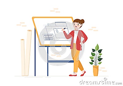 Drafting, Engineer or Architect Working on Drawing Board Projecting and Draft in Flat Cartoon Hand Drawn Templates Illustration Vector Illustration
