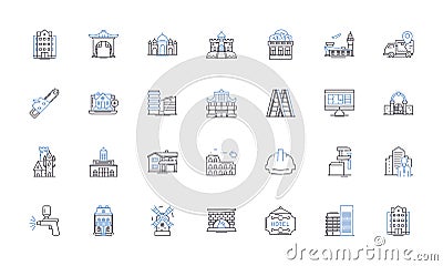 Drafting line icons collection. Blueprinting, Designing, Sketching, Engineering, Constructing, Planning, Diagramming Vector Illustration