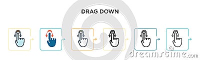 Drag down vector icon in 6 different modern styles. Black, two colored drag down icons designed in filled, outline, line and Vector Illustration