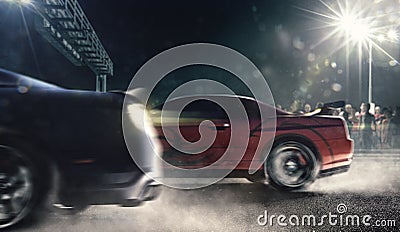 Drag racing cars on the night track 3d render Stock Photo