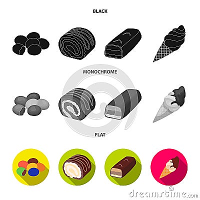 Dragee, roll, chocolate bar, ice cream. Chocolate desserts set collection icons in black, flat, monochrome style vector Vector Illustration