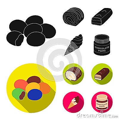 Dragee, roll, chocolate bar, ice cream. Chocolate desserts set collection icons in black, flat style vector symbol stock Vector Illustration