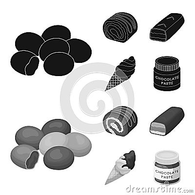 Dragee, roll, chocolate bar, ice cream. Chocolate desserts set collection icons in black,monochrome style vector symbol Vector Illustration