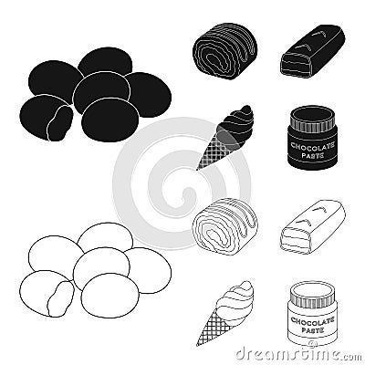 Dragee, roll, chocolate bar, ice cream. Chocolate desserts set collection icons in black,outline style vector symbol Vector Illustration
