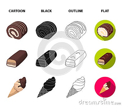 Dragee, roll, chocolate bar, ice cream. Chocolate desserts set collection icons in cartoon,black,outline,flat style Vector Illustration