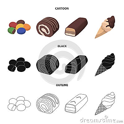 Dragee, roll, chocolate bar, ice cream. Chocolate desserts set collection icons in cartoon,black,outline style vector Vector Illustration