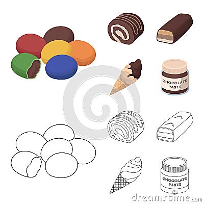 Dragee, roll, chocolate bar, ice cream. Chocolate desserts set collection icons in cartoon,outline style vector symbol Vector Illustration