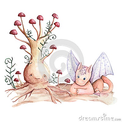 Dragon baby animals watercolor illustration. Dinosaurs for kids. Fairy dragons. Funny dragon, cute magic lizard with Cartoon Illustration