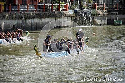 Dragon Boat Festival in Kalimas river, Surabaya on August 14, 2022 Editorial Stock Photo