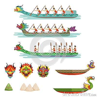 Dragon boats set, team of male athletes compete at Dragon Boat Festival vector Illustrations Vector Illustration