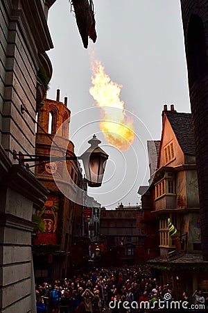 Dragon breathing fire at Universal Studios Editorial Stock Photo