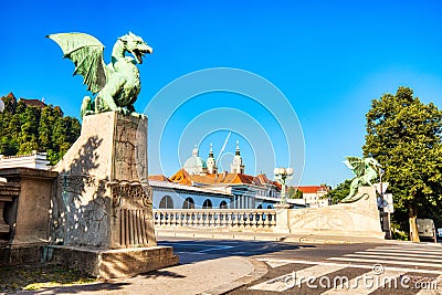 Dragon Bridge during a Sunny day in Ljubljana Stock Photo