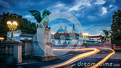Dragon bridge, symbol of Ljubljana, capital of Slovenia, Europe. Long exposure. Time lapse Stock Photo