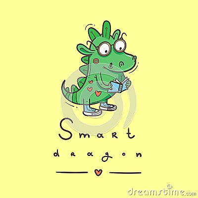 Card with cute cartoon smart dragon. Funny crocodile print. Reading reptile poster. Vector doodle line art. Illustration for chil Vector Illustration