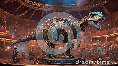 dragon on the carousel _a steampunk, A colorful scene of a steampunk sauropod dragon dinosaur, with jewels, crystals, Stock Photo