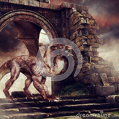 Dragon in castle ruins Stock Photo