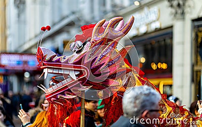 Dragon dance during Chinese lunar year celebrations in London Editorial Stock Photo