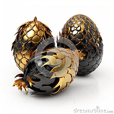 Dragon Egg Isolated, Black and Gold Scaled Fantasy Eggs, Dinosaur Fossil, Dragon Egg Generative AI Illustration Stock Photo