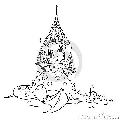 Dragon fairy security medieval castle animal cheerful cartoon coloring page Cartoon Illustration
